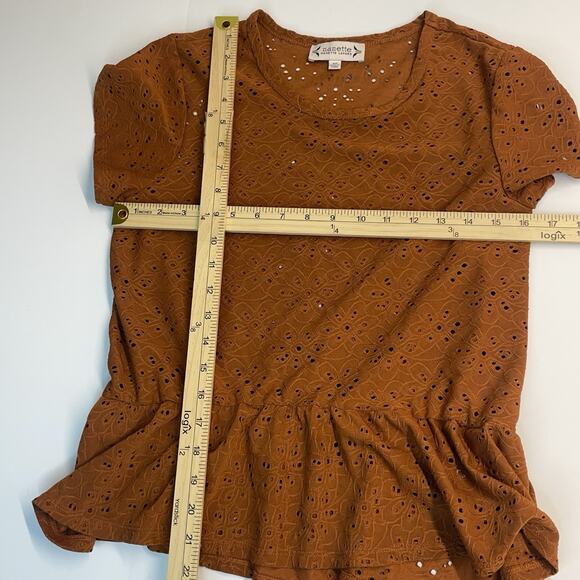 Nanette Lepore Eyelet Peplum RuffTop S Brown Boho Festival Cottagecore Coquette - Picture 6 of 6